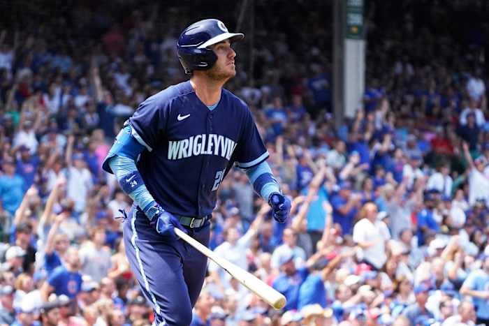 Chicago Cubs first baseman Cody Bellinger hits a two-run home run against the St. Louis Cardinals during the third inning at Wrigley Field. (2023)